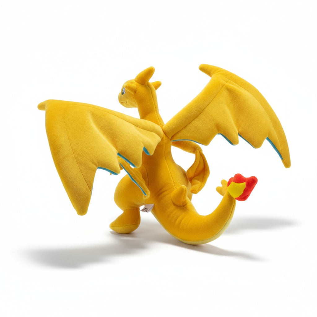 peluche pokémon - dracaufeu rugissant - vue arrière, flamme de la queue