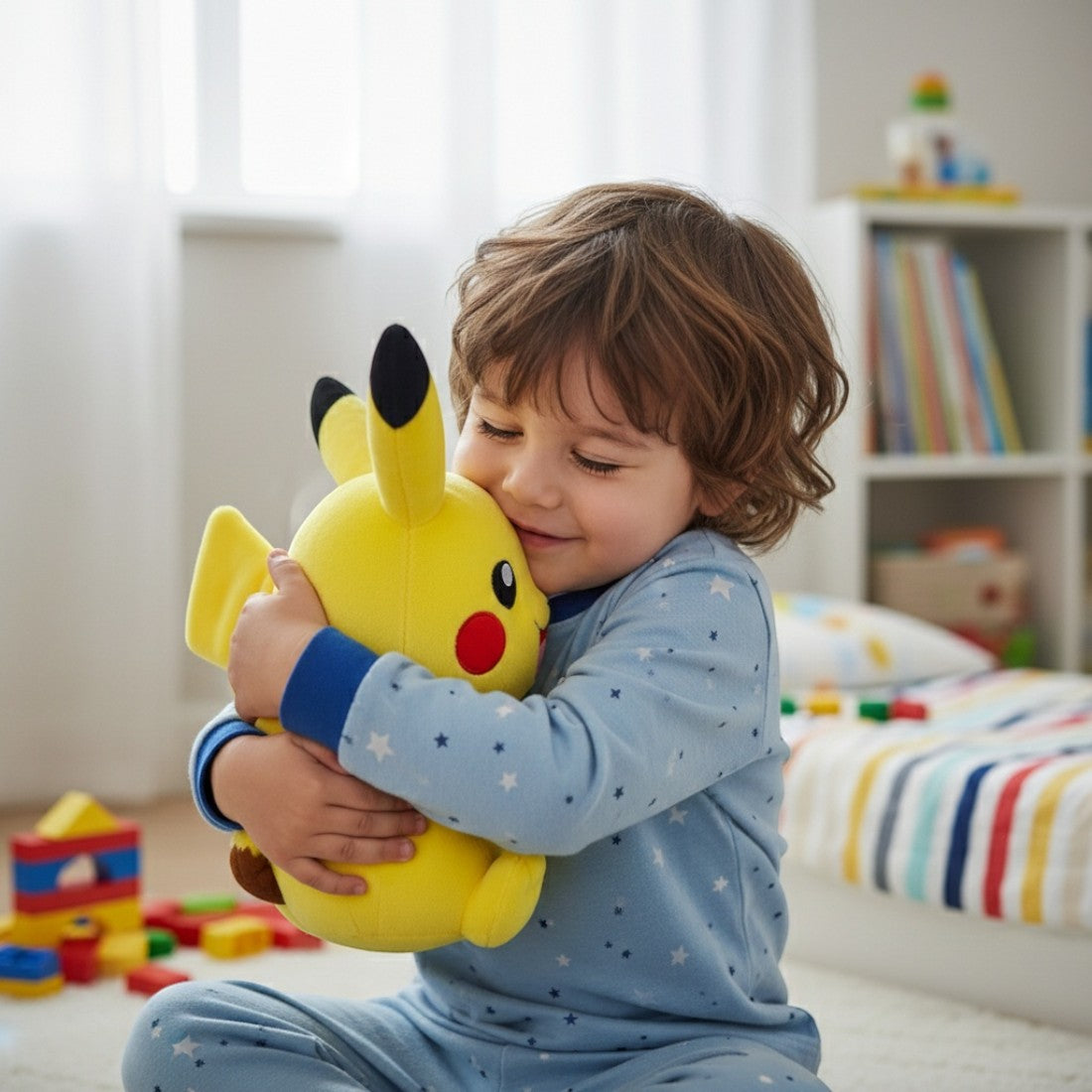 Peluche pokémon - pikachu assis sourire joyeux - câlinée par un enfant dans une chambre