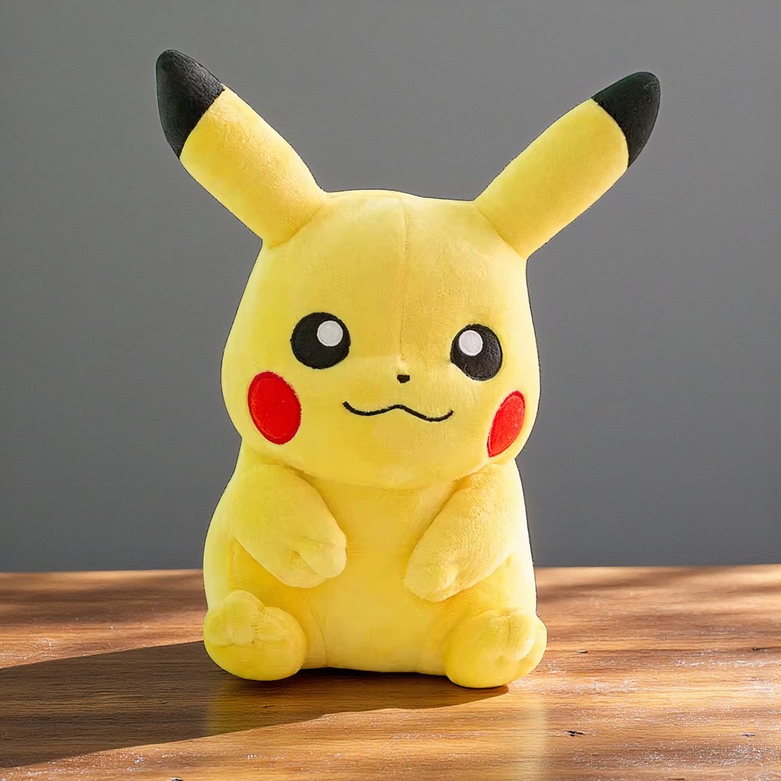 Peluche pokémon - pikachu assis sourire joyeux - posée sur une table en bois, fond gris