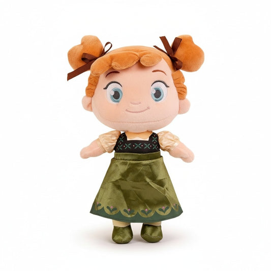 Peluche Anna enfant du film La Reine des Neiges en robe verte et cheveux roux attachés, vue de face sur fond blanc.