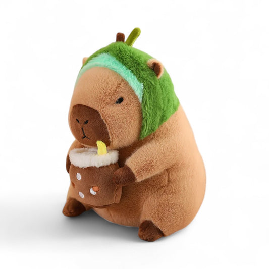 Peluche capybara avec boisson et bonnet rigolo