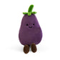 Peluche aubergine kawaii violette avec feuilles vertes et petites jambes marron, souriante, sur fond blanc.