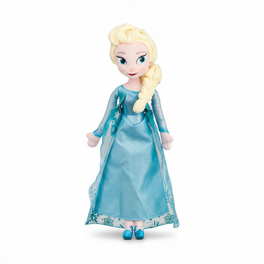 Peluche Elsa de la Reine des Neiges en robe bleue scintillante, 40 cm, sur fond blanc.
