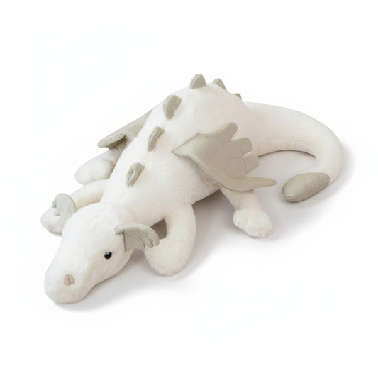 Peluche dragon blanc en coton, avec ailes et piquants doux gris pâles, posée sur fond blanc.
