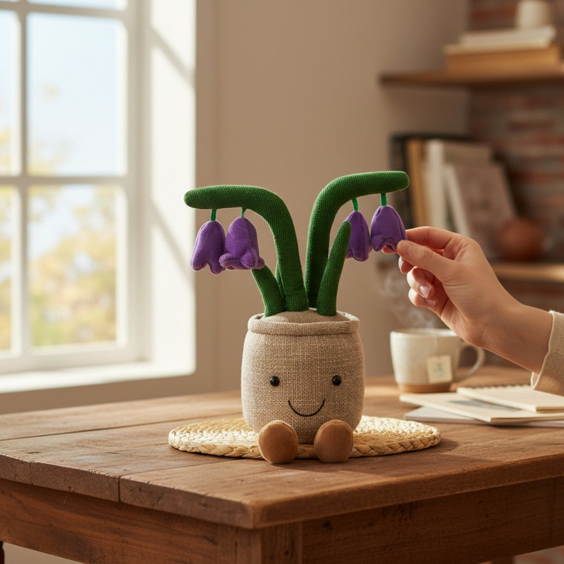 Peluche plante kawaii pot fleurs violettes