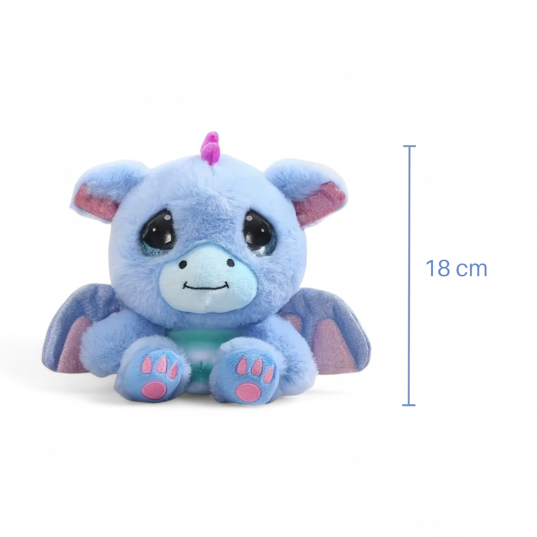 Peluche dragon kawaii bleu craquant - vue de face, hauteur indiquée de 18 cm