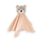 Doudou carré beige à motifs étoiles et tête d’ourson gris, posé sur fond blanc.