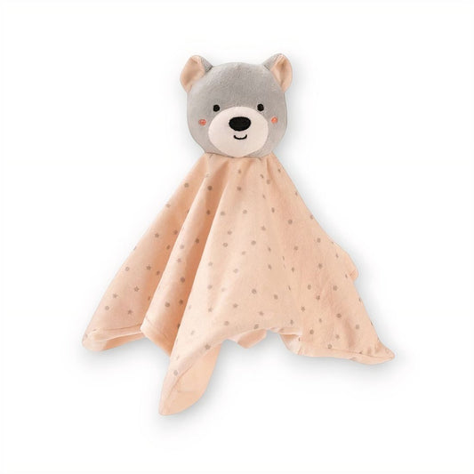 Doudou carré beige à motifs étoiles et tête d’ourson gris, posé sur fond blanc.