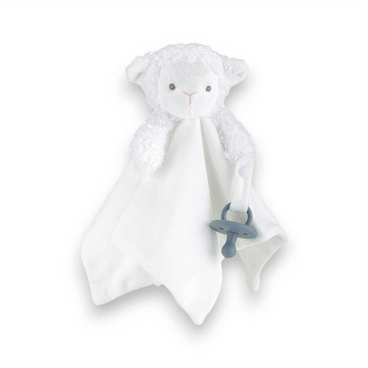 Doudou mouton blanc tout doux avec attache tétine, texture douce, sur fond blanc.