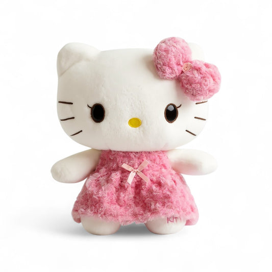 Peluche Hello kitty habillée de'une rose, peluche douce et moelleuse sur fond blanc.
