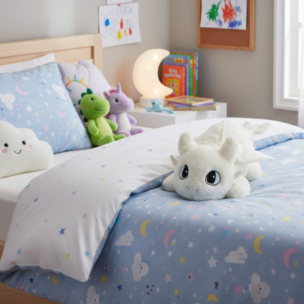 Peluche Dragon blanc Furie éclair moelleuse - posée sur un lit dans une chambre d'enfant