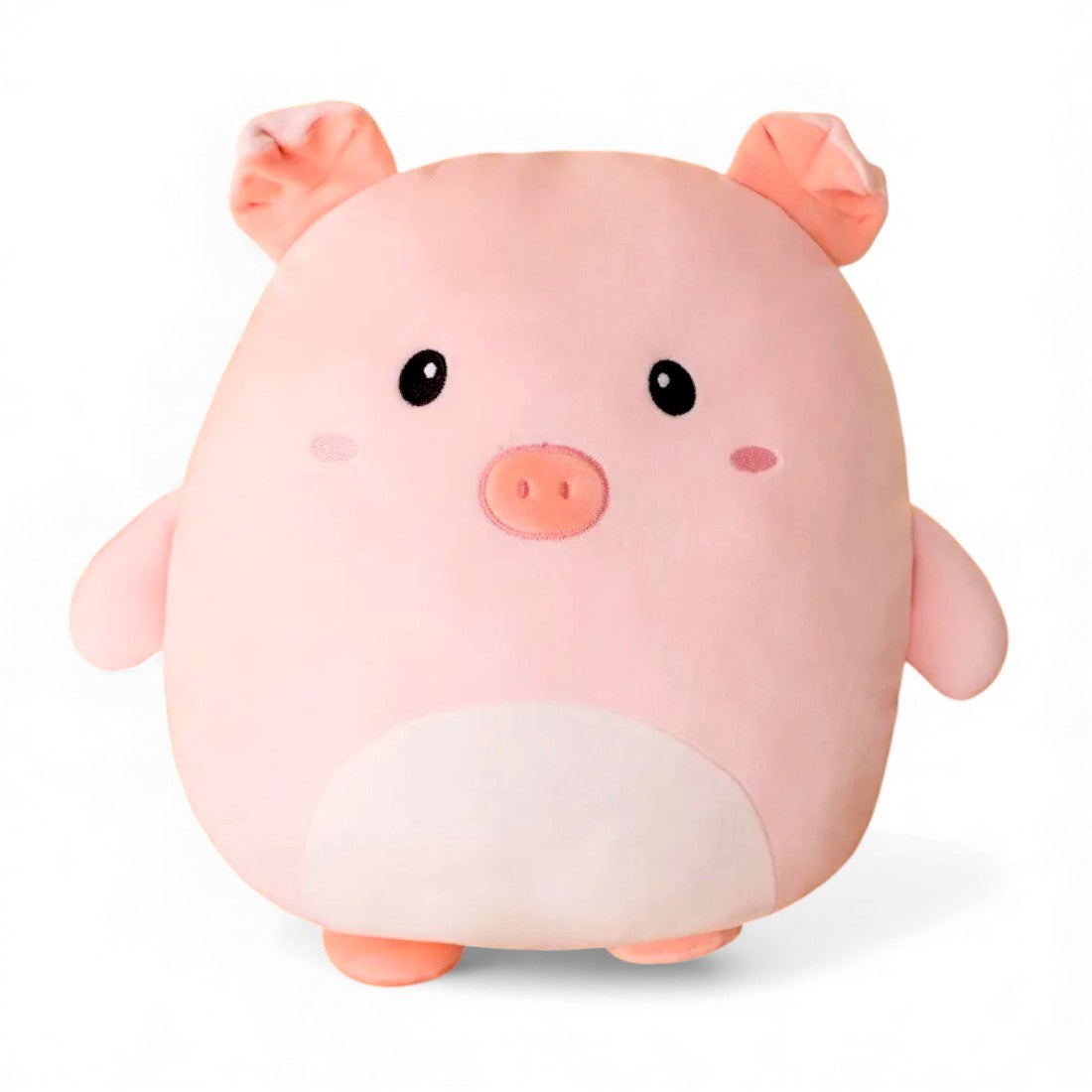 Peluche cochon toute ronde de 40 cm, rose pâle, avec petit ventre blanc, oreilles souples, yeux noirs ronds et groin brodé, posée seule sur un fond blanc.