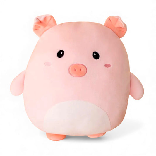 Peluche cochon toute ronde de 40 cm, rose pâle, avec petit ventre blanc, oreilles souples, yeux noirs ronds et groin brodé, posée seule sur un fond blanc.
