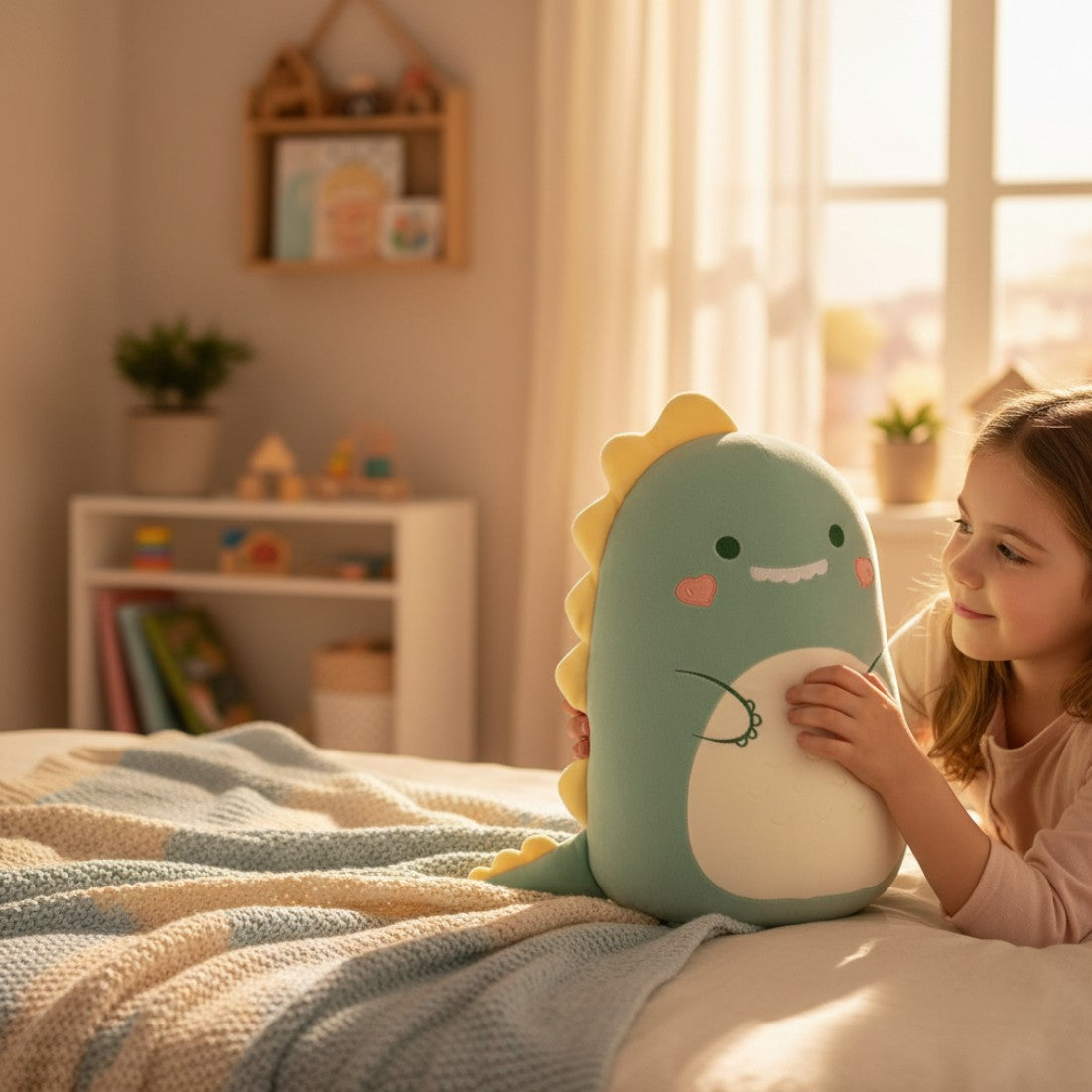 coussin peluche dino vert moelleux