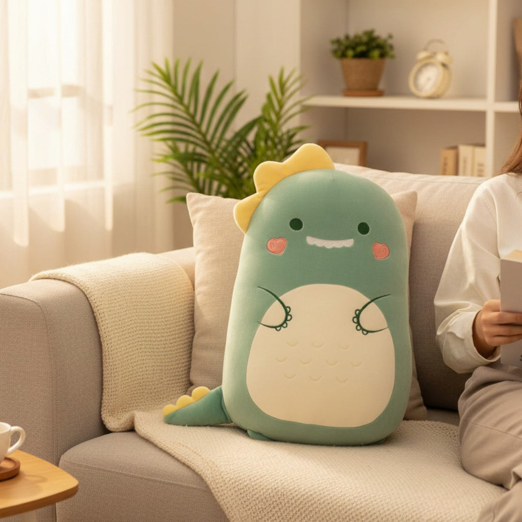 coussin peluche dino vert moelleux