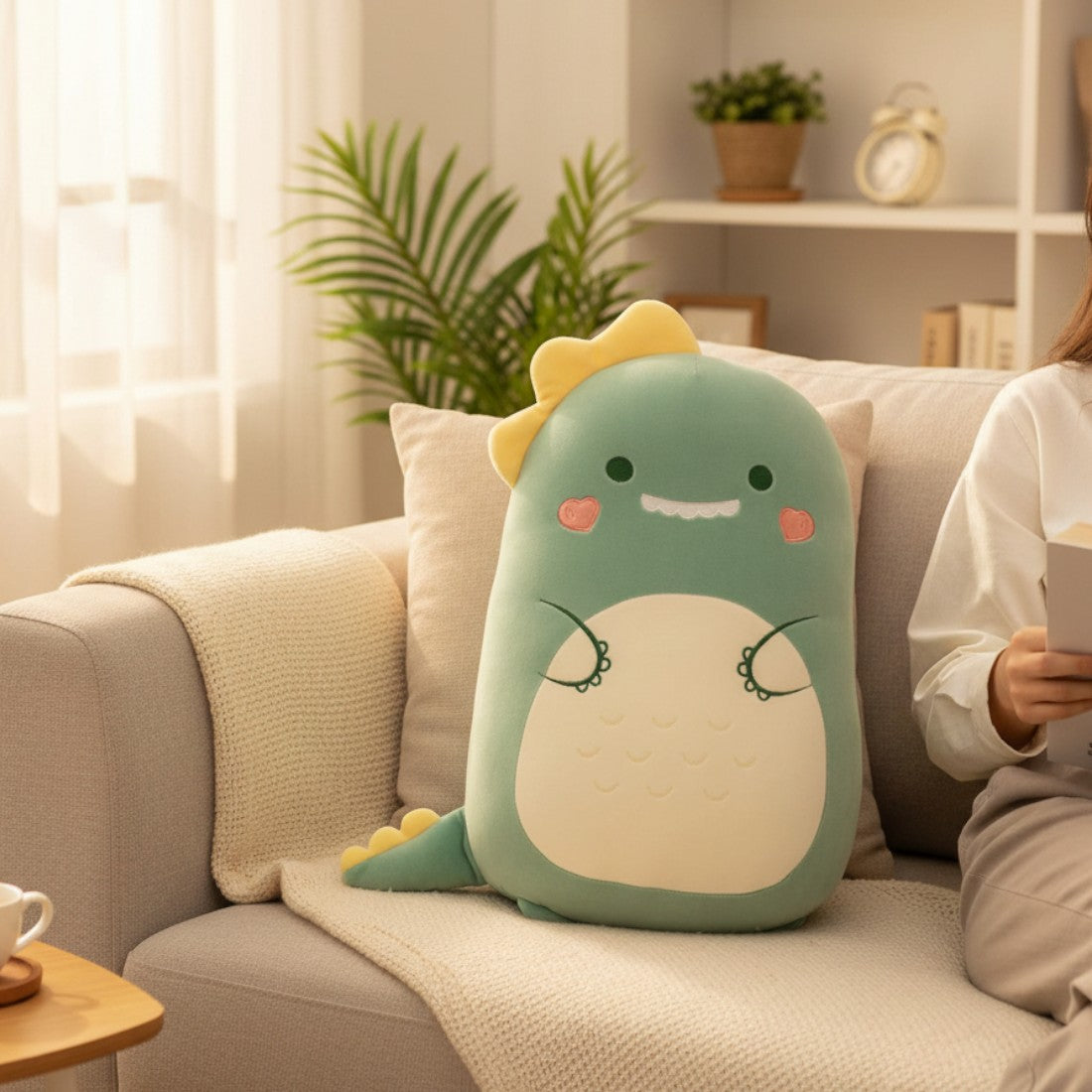 coussin peluche dino vert moelleux