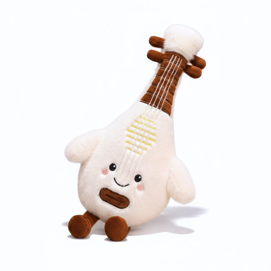 Peluche en forme de luth kawaii avec visage souriant, bras et jambes en coton doux, posée sur fond blanc.