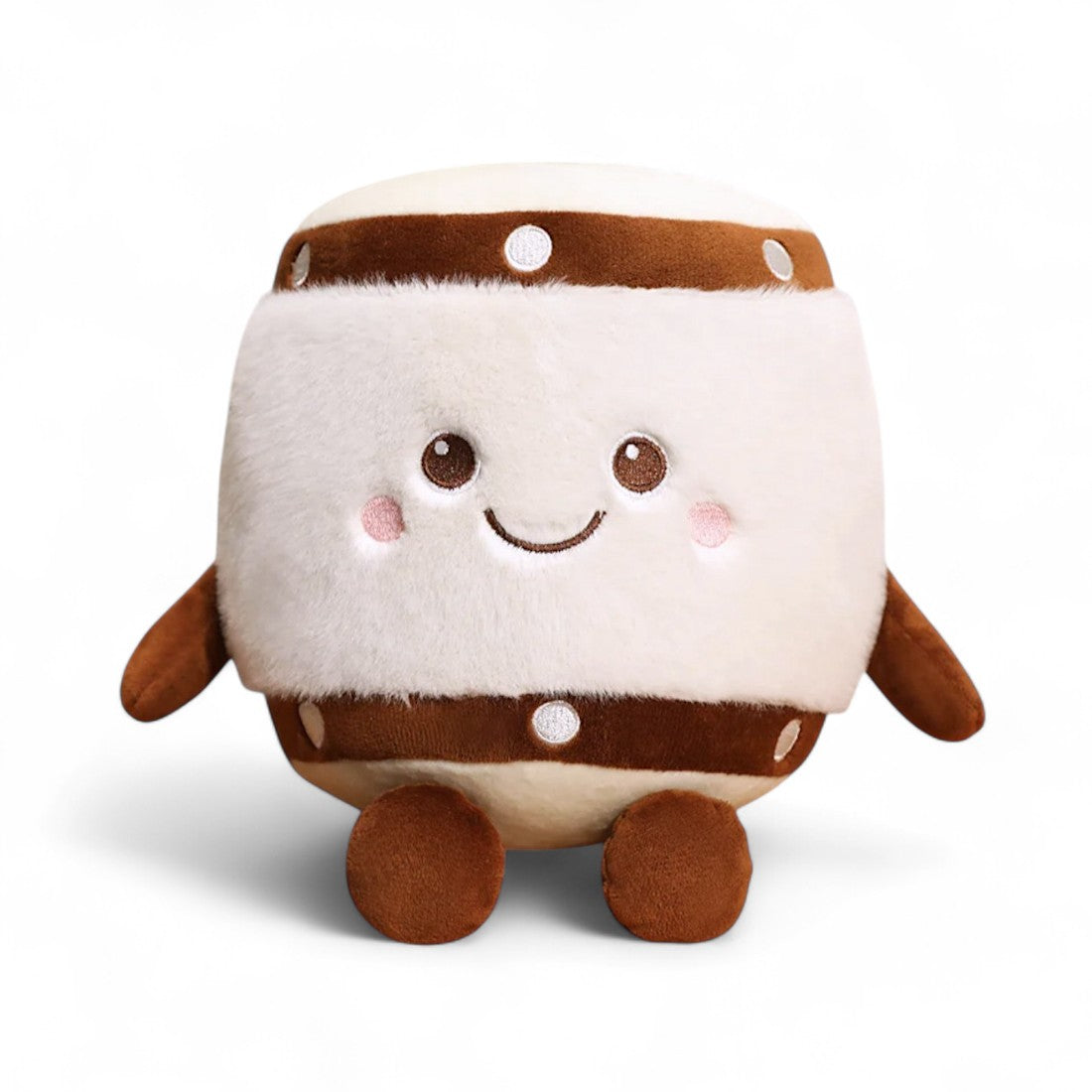 Peluche en forme de tambour kawaii blanc et marron avec visage souriant et bras, posée sur fond blanc.