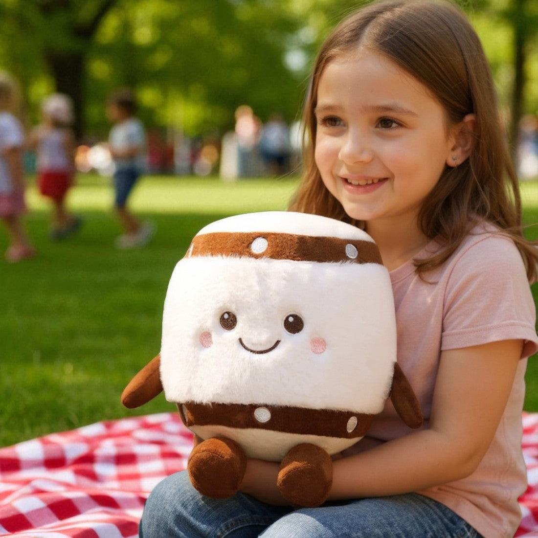 Peluche instrument kawaii tambour joyeux - tenue par une fillette dans un parc