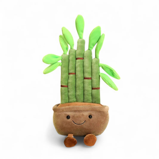 Peluche plante kawaii en forme de bambou vert dans un pot souriant coloré marron, posée sur fond blanc.