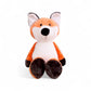 Peluche renard orange et blanc, oreilles dressées, pattes foncées, sourire doux, assise sur fond blanc.