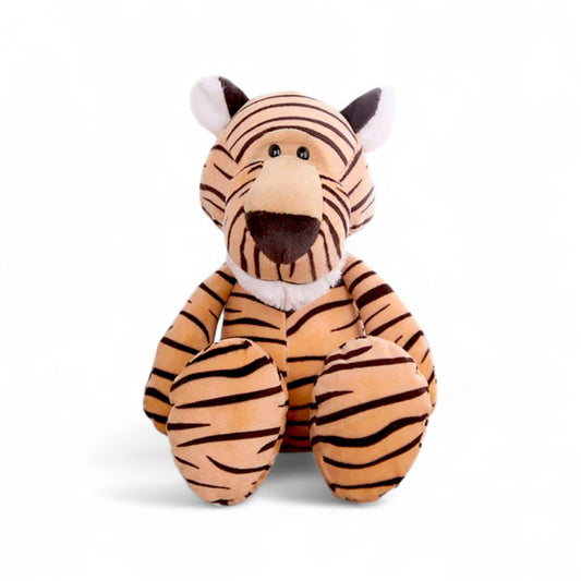 Peluche tigre rayé orange et noir, grands yeux, oreilles blanches, museau doux, assis et souriant sur fond blanc.