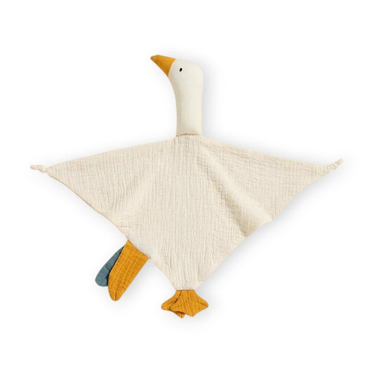 Doudou oie pour bébé, coton, forme plate, détails colorés sur les pattes et bec, sur fond blanc.