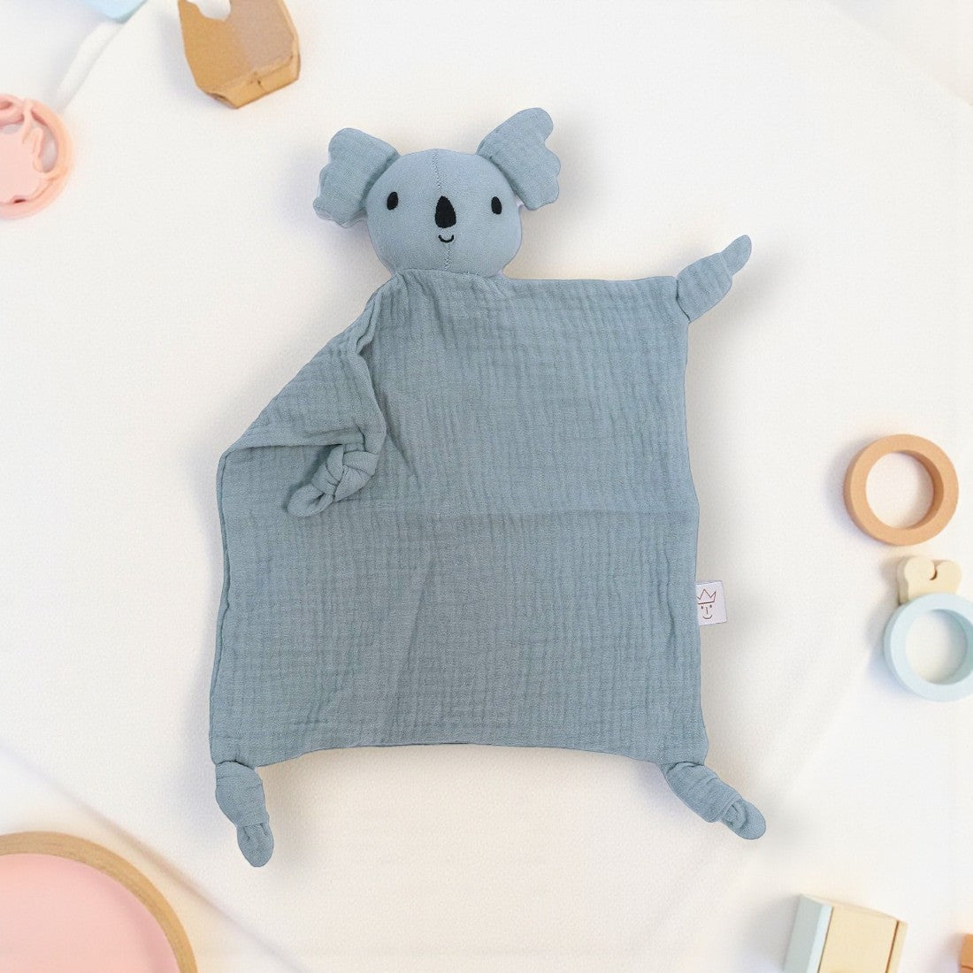 Peluche doudou koala bleu en gaze de coton