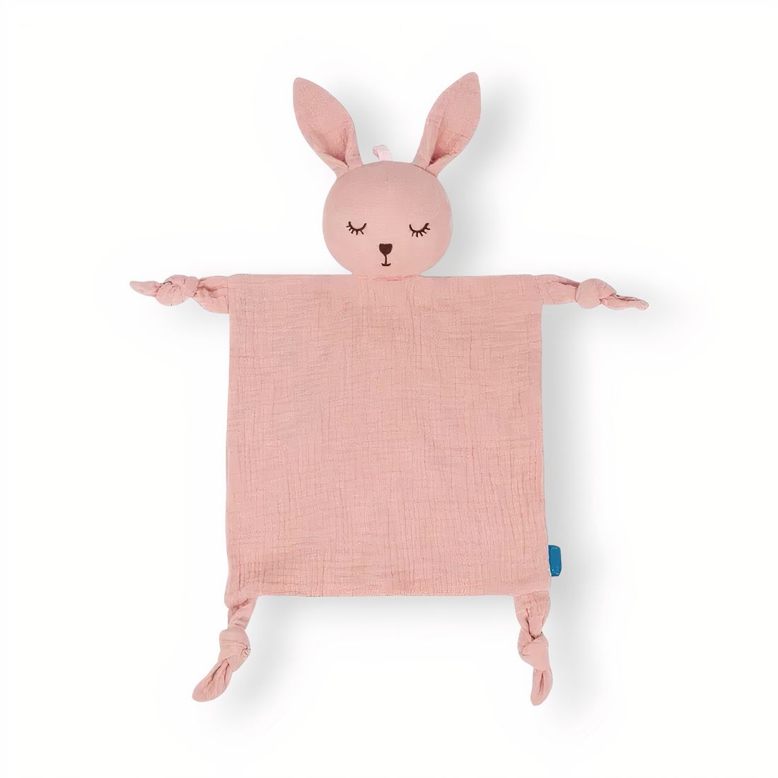 Peluche doudou lapin rose avec carré en gaze de coton pour bébé sur fond blanc