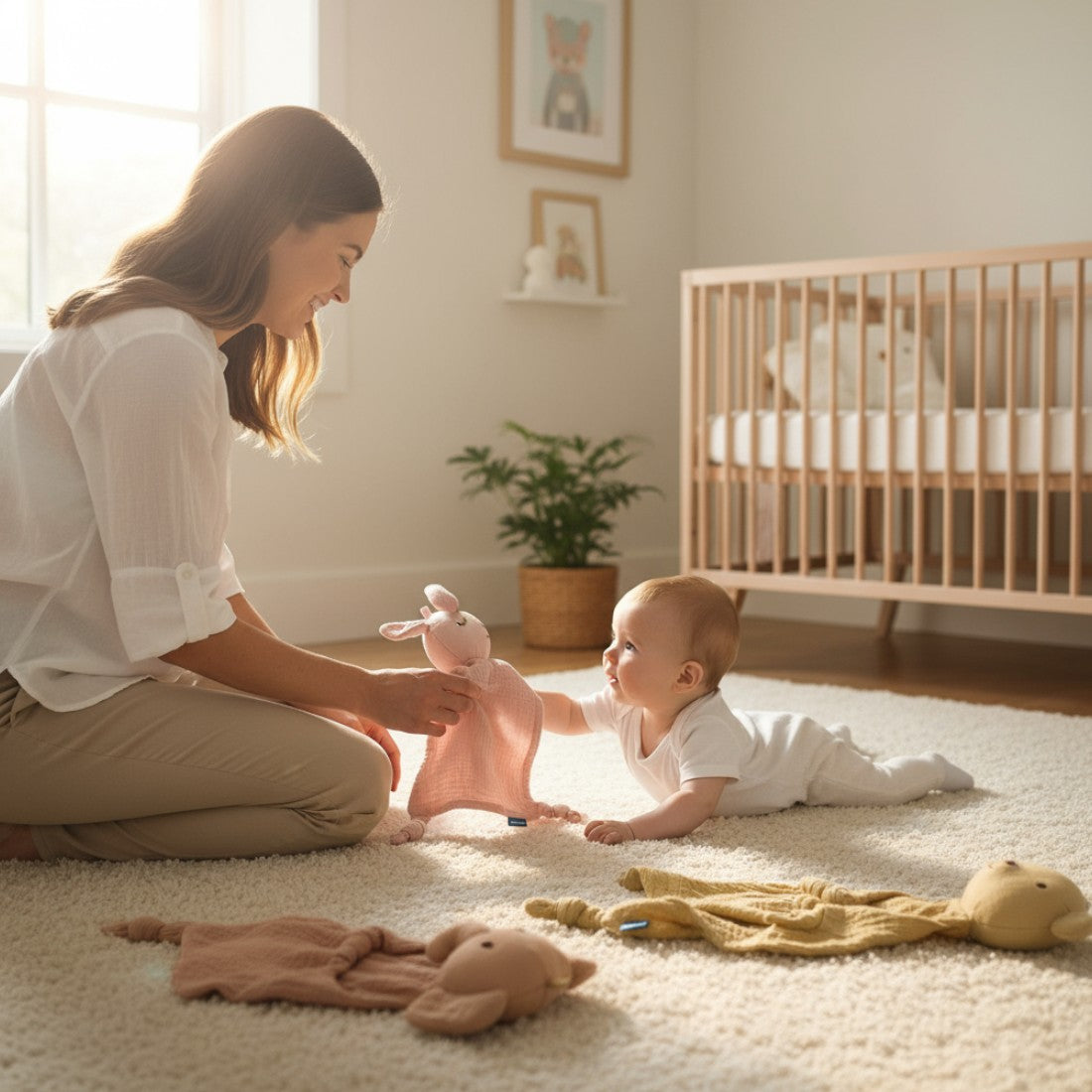 Peluche doudou lapin rose en gaze de coton