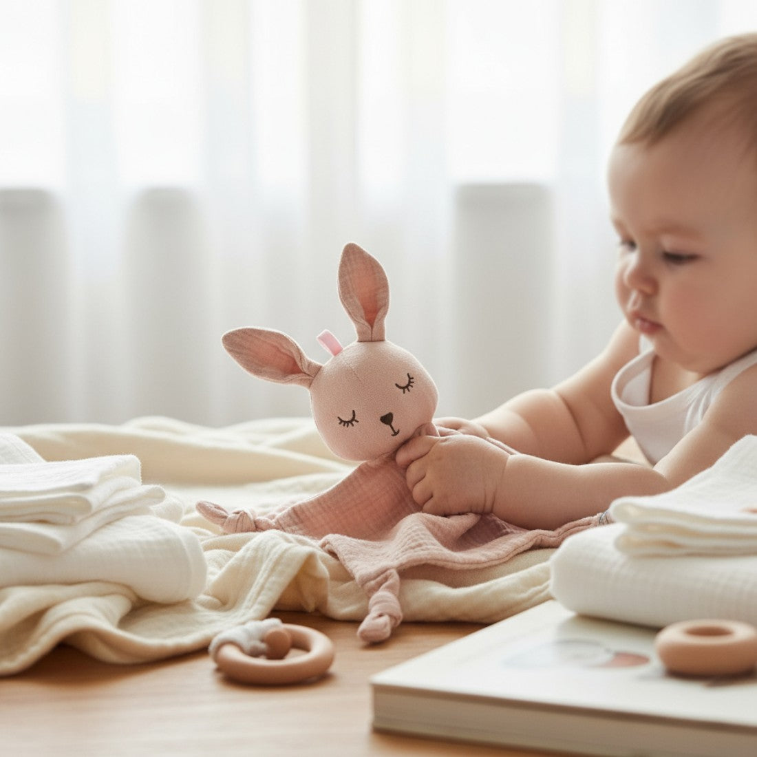 Peluche doudou lapin rose en gaze de coton