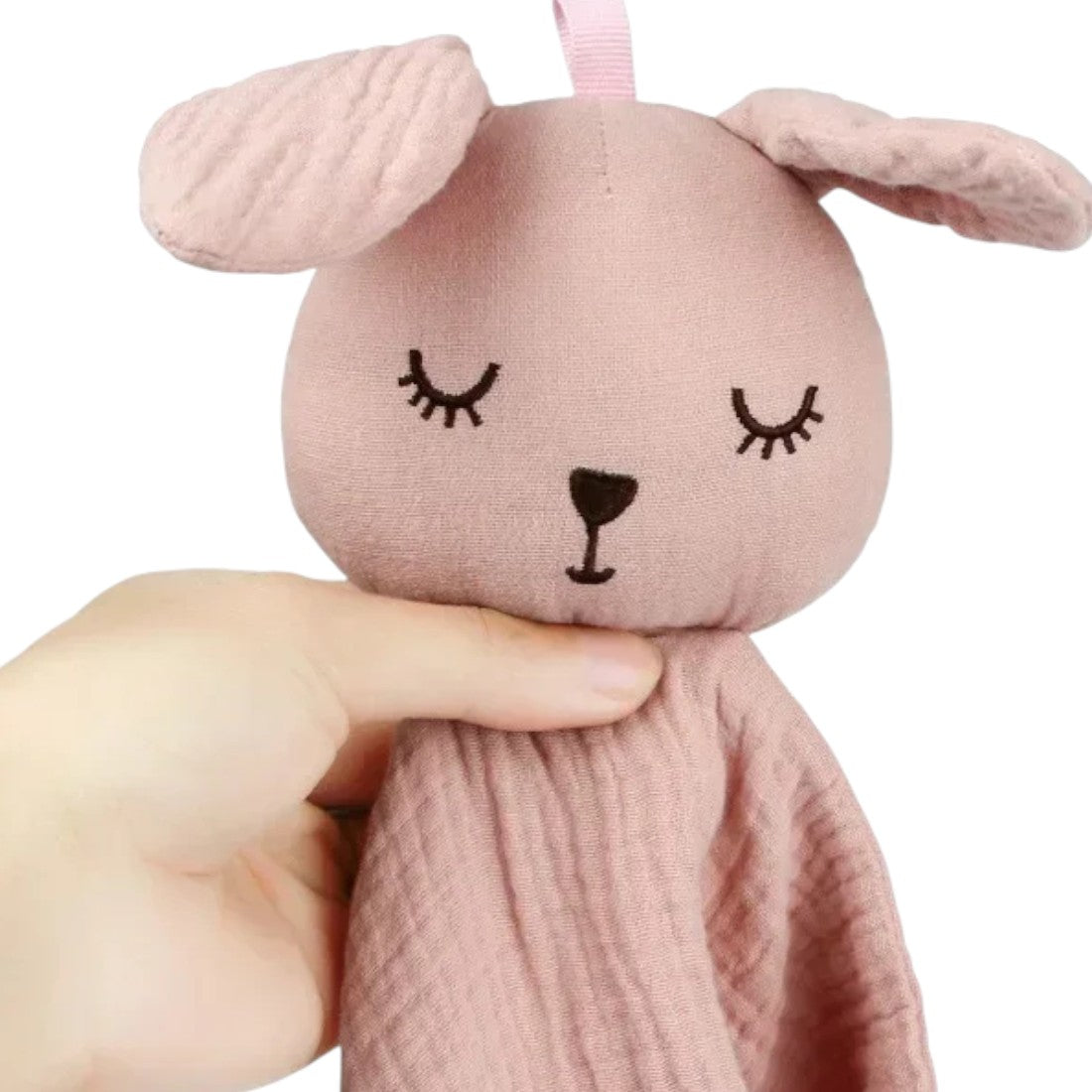 Peluche doudou lapin rose en gaze de coton