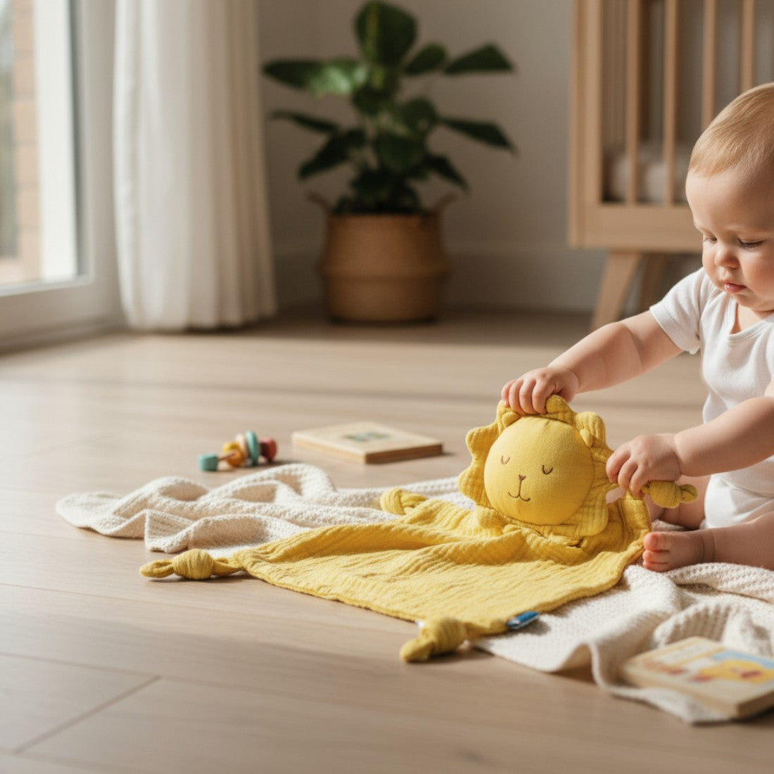 Peluche doudou lion jaune en gaze de coton