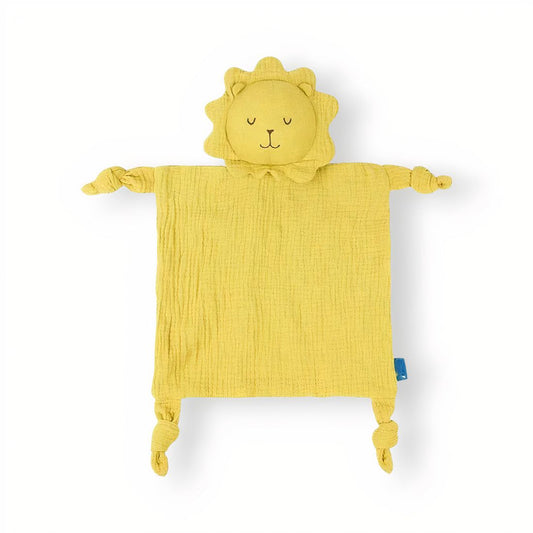 Peluche lion jaune doudou carré en gaze de coton 25x25 cm, sur fond blanc