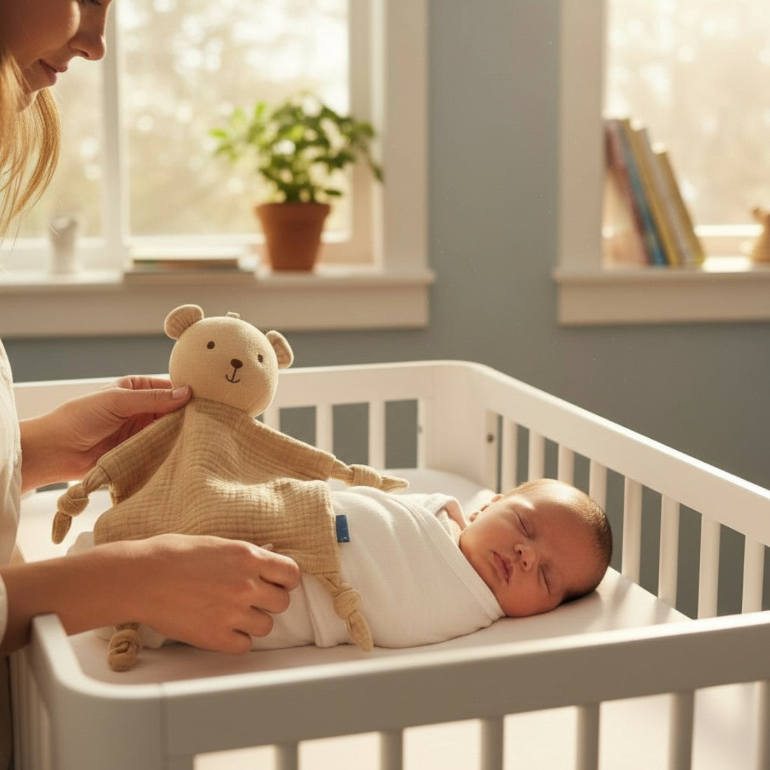 Peluche doudou ours beige en gaze de coton