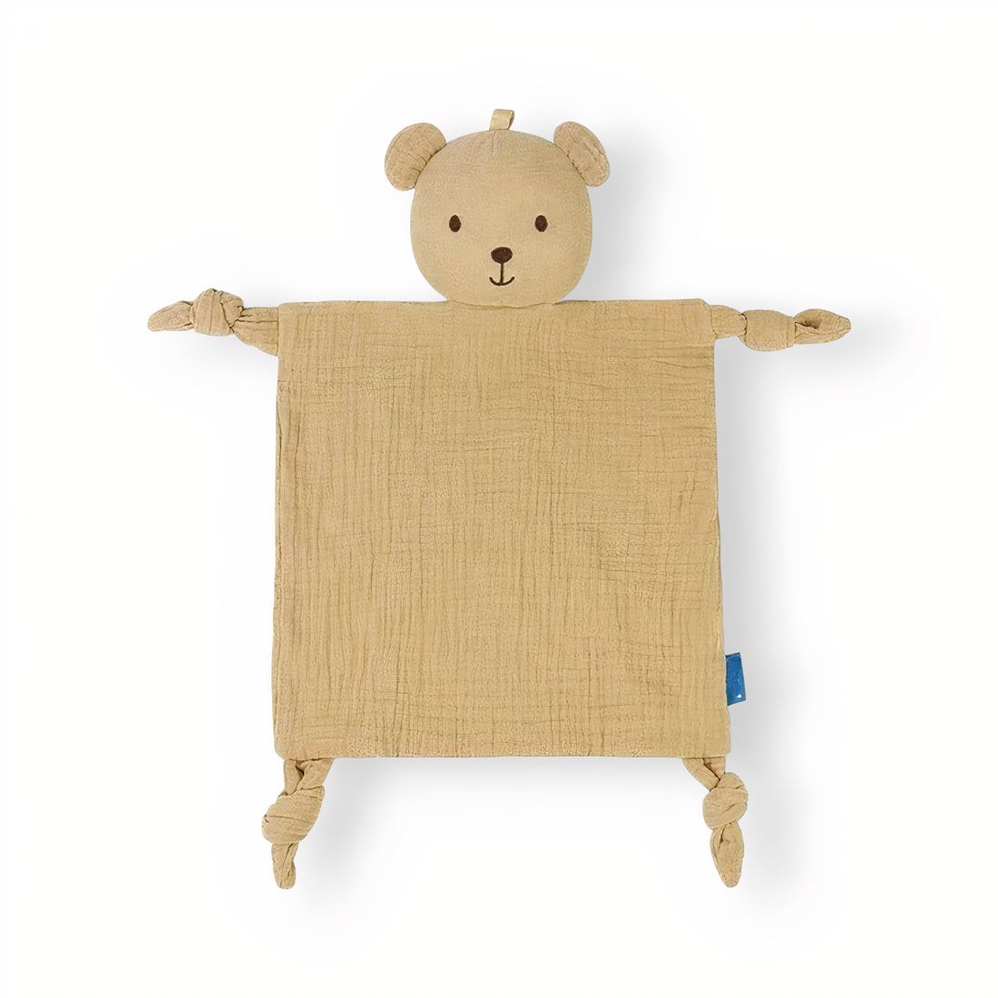 Peluche doudou ours beige carré en gaze de coton 25x25 cm, sur fond blanc