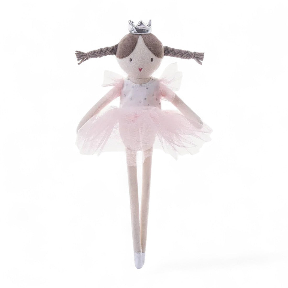 Poupée chiffon en coton de 34 cm, coiffée de deux tresses, robe tutu rose et petite couronne argentée, debout sur fond blanc.