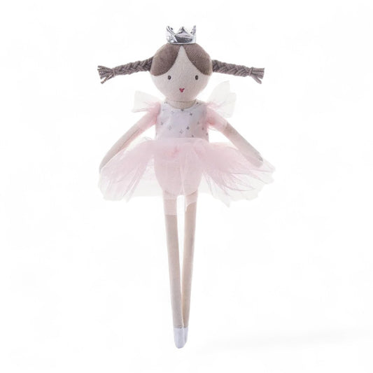 Poupée chiffon en coton de 34 cm, coiffée de deux tresses, robe tutu rose et petite couronne argentée, debout sur fond blanc.