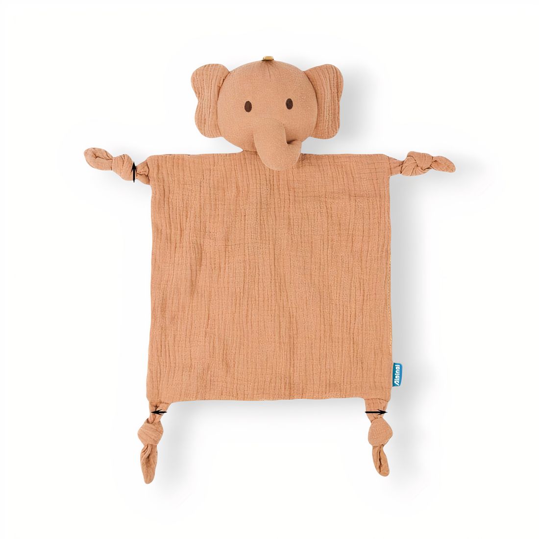 Peluche doudou éléphant orange, avec tête d'éléphant accorché à un carré en gaze de coton, sur fond blanc