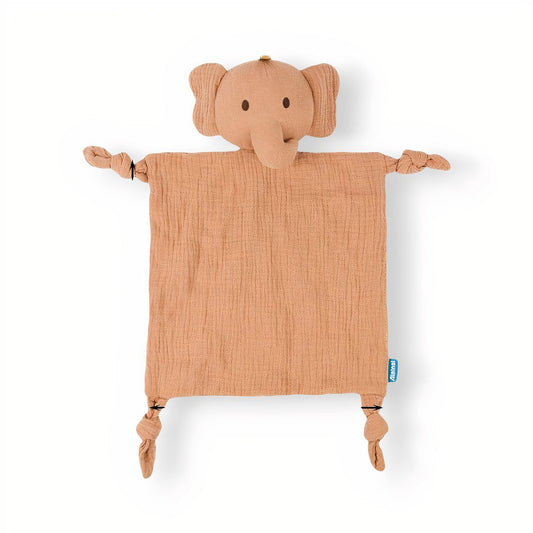 Peluche doudou éléphant orange, avec tête d'éléphant accorché à un carré en gaze de coton, sur fond blanc