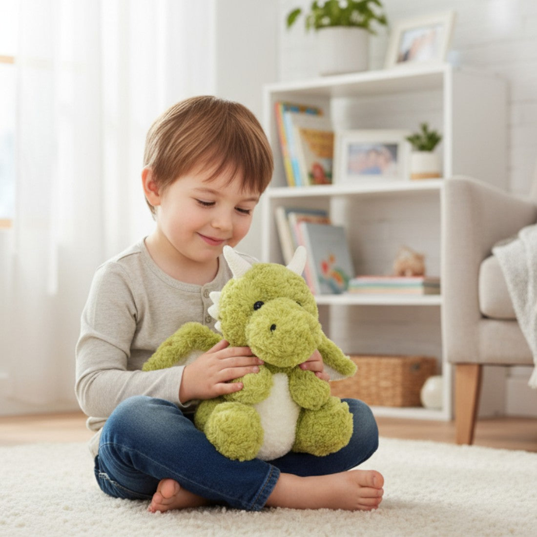Dragon moelleux en peluche 30 cm - dans les bras d'un garçon assis