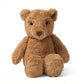 Ours en peluche marron classique, museau rond et oreilles courtes, pelage  doux, yeux noirs brillants ; sur fond blanc