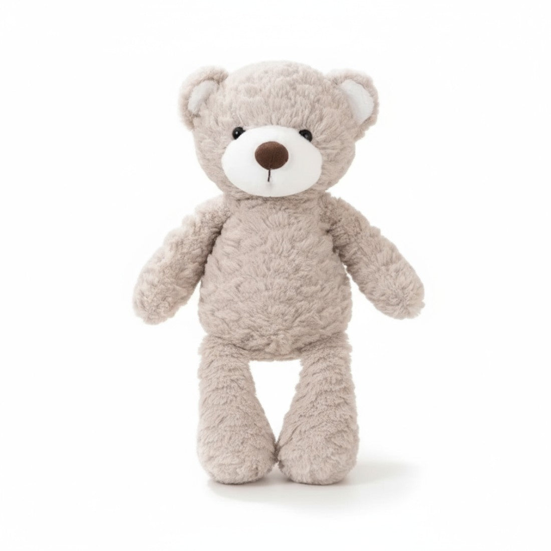 Ours en peluche beige clair, museau blanc, nez marron, petits yeux noirs, oreilles rondes, texture bouclée très douce ; sur fond blanc