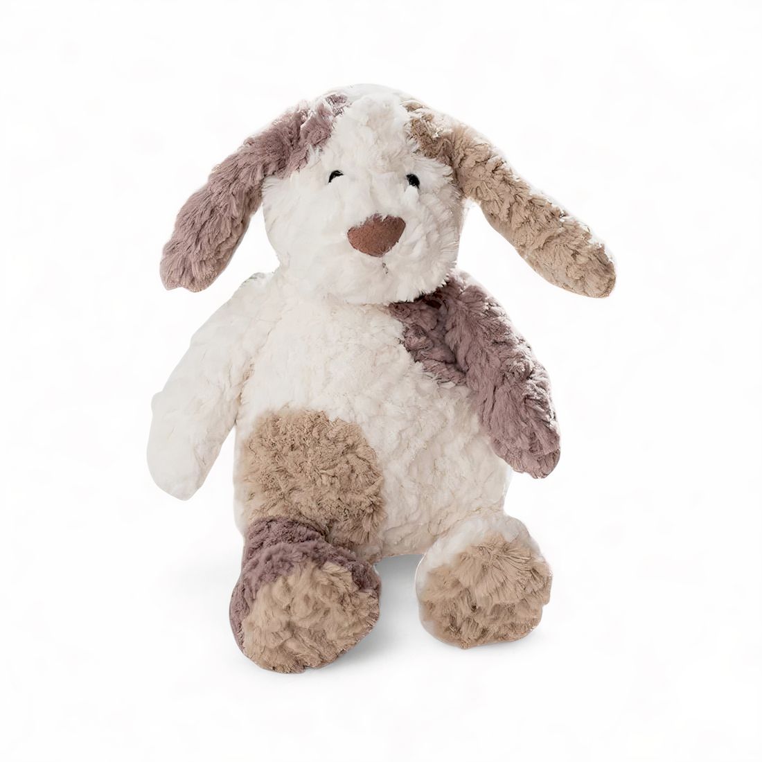 Peluche chien crème et brun, oreilles tombantes, museau brodé, texture laine bouclée, assise moelleuse sur fond blanc