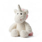 Peluche licorne blanche avec crinière rose, corne blanche, yeux brillants et texture laineuse, posée sur fond blanc