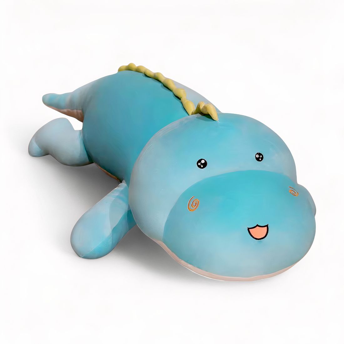 Dinosaure en peluche XXL, couleur bleu pastel, allongé sur fond blanc.