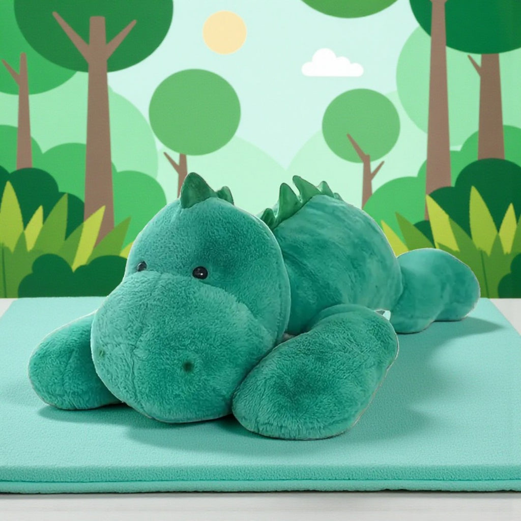 Peluche dinosaure géant relax - à plat ventre devant un décor de forêt