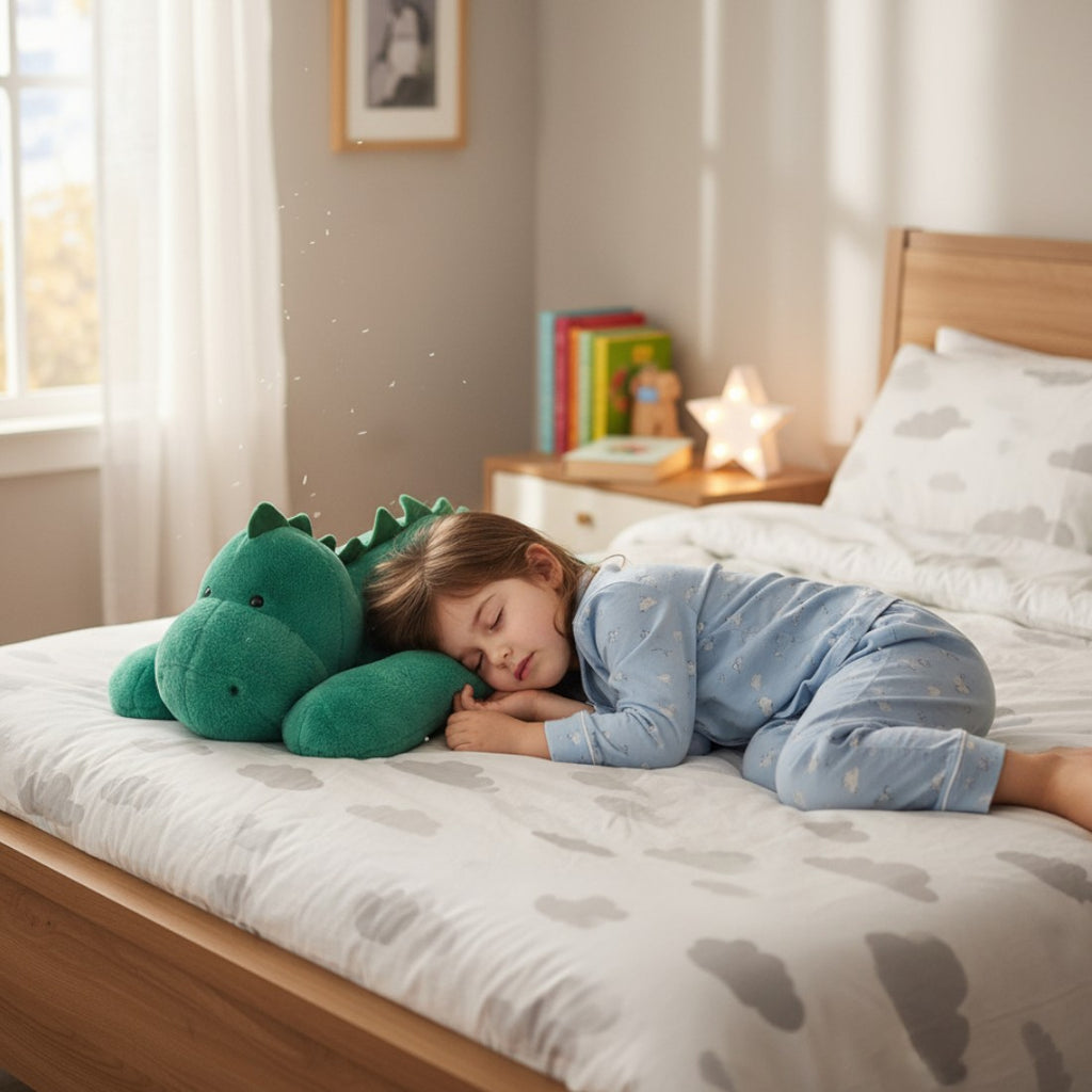 Peluche dinosaure géant relax - sous la tête d'un enfant sur un lit