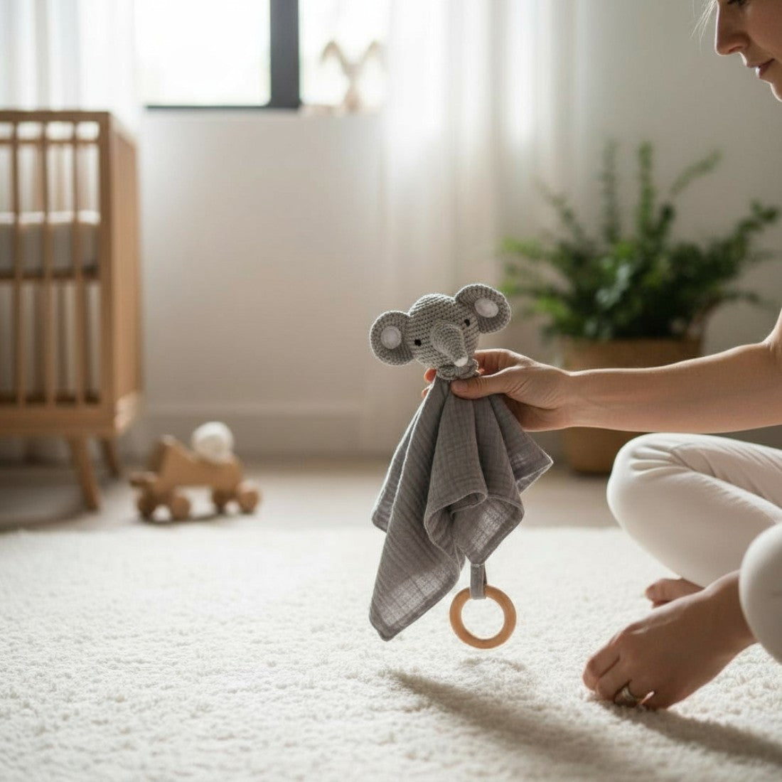 Peluche doudou plat tête éléphant crochetée pour bébé