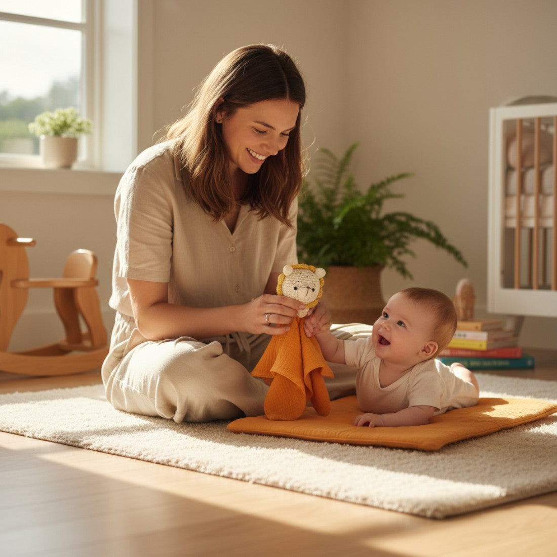 Peluche doudou plat tête lion crochetée pour bébé